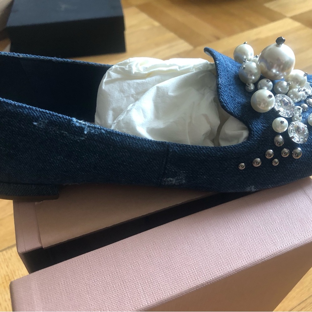 Miu Miu Navy Denim Pearl & Crystal Embellished Loafers - Picture 3 of 9